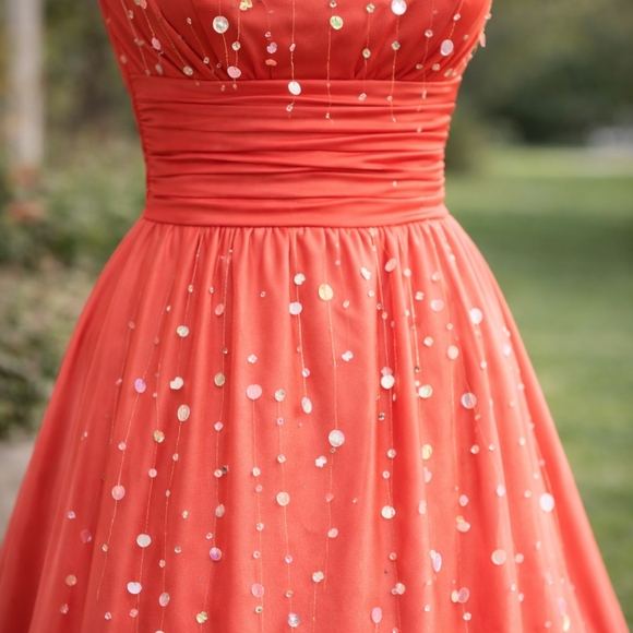 Coral Red Prom Dress Small | Sparkle Detail Skirt | Elegant Formal Gown - Picture 3 of 7